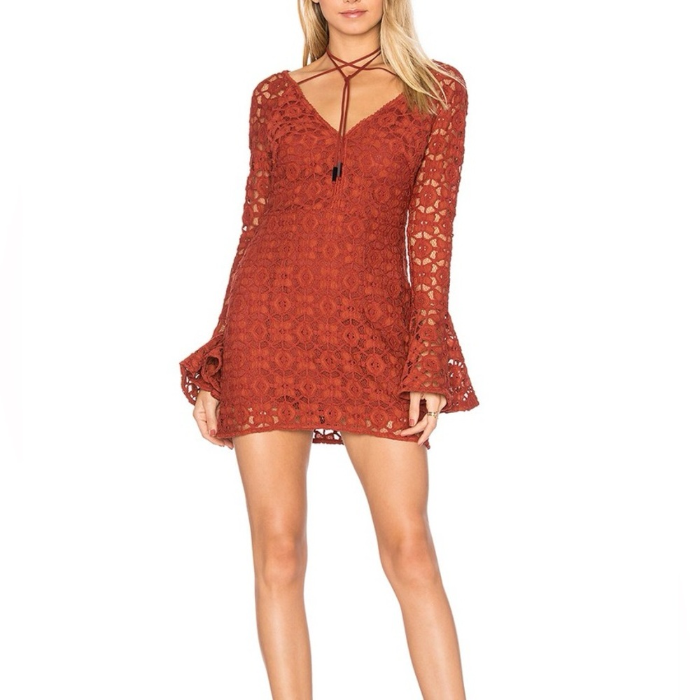 Free People Terracotta Lace‎ Crotched Mini Dress Bell Sleeves Slim Fit -2